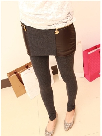 B216 double zipper faux leather patchwork faux two piece culottes legging basic skirt female 2012