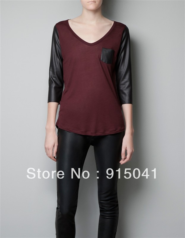 B40-14-096 in Europe and America new round neck sleeve leather sleeve pocket shirt bottoming