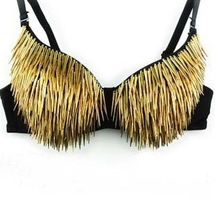 B440 GAGA Sexy Gold Silver Tone Metallic Gathers Punk Spike Studs Rivet Bra16