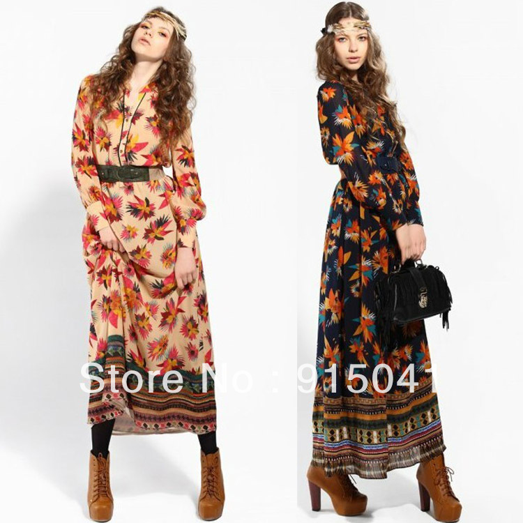 B46-15-019 retro national wind hem hit the color-color printing long dress sent belt