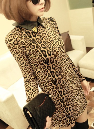 B50 2012 Women's Sexy Fashion Cute Lady  Leopard Dress synthetic leather  Long-Sleeve one size free shipping drop shipping