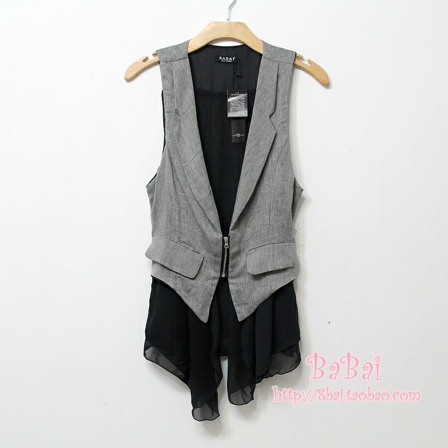 Babai autumn fluid denim chiffon patchwork zipper medium-long vest