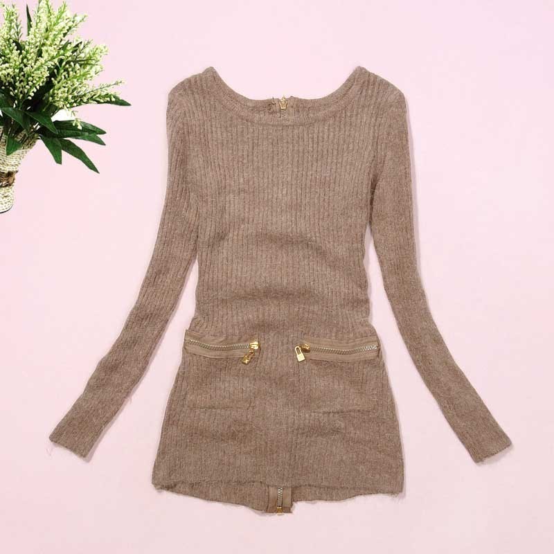 Back zipper slim medium-long sweater e2 a