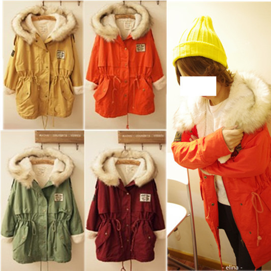 Badge trench thickening outerwear with a hood fur collar embroidery wadded jacket berber fleece slim waist thermal candy color