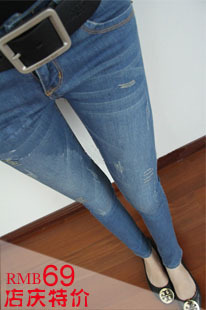 Bamboo fashion star style irregular wearing white tight jeans skinny pants pencil