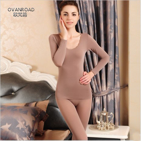 Bamboo fibre ultra-thin thermal beauty care set female seamless beauty care thermal underwear lace body shaping round