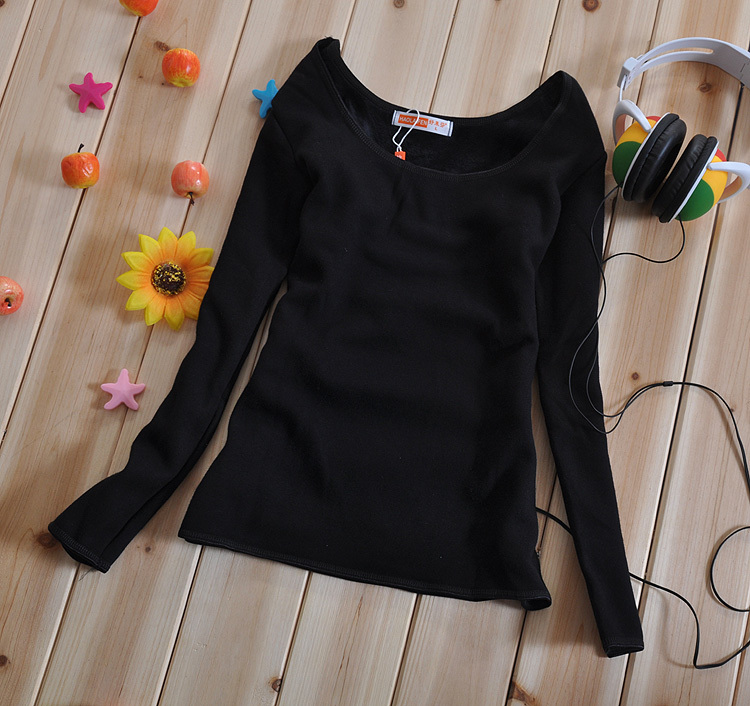 Bamboo fibre wool plus velvet thickening thermal clothing top female basic shirt long-sleeve large-neck round low collar