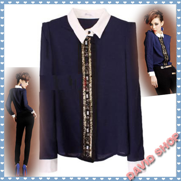 Baroque Luxury Beaded OL Lemperament Hit the Color Lapel Chiffon Shirt