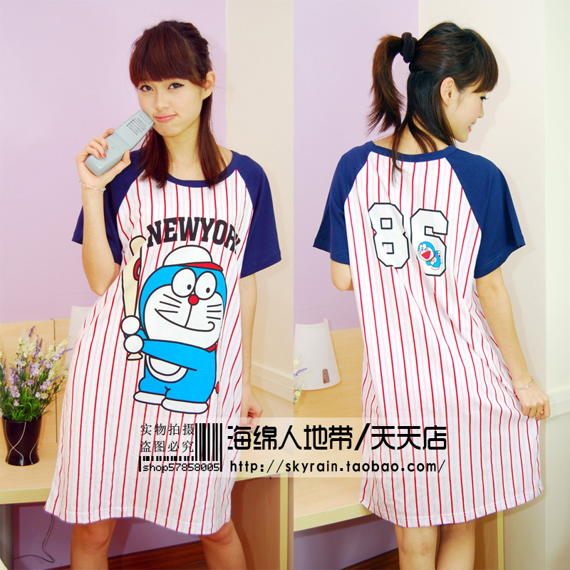 Baseball DORAEMON nightgown one piece sleepwear summer cotton short-sleeve cartoon 100% lounge female