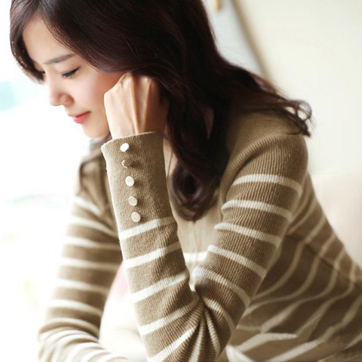 Basic sweater long design female slim o-neck stripe sweater basic shirt sweater female