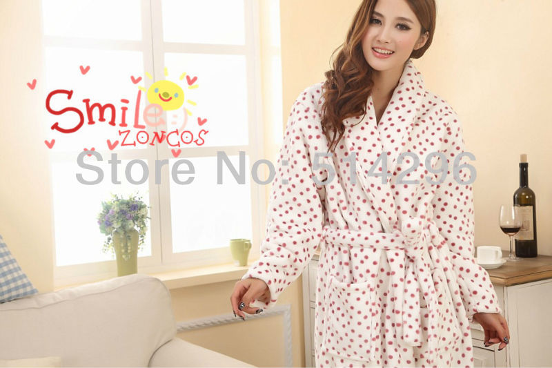 Bathrobe,Winter Thickening Flannel dressing gown, White flannelette Pink dots, Size M,L,XL, unisex,wholesale