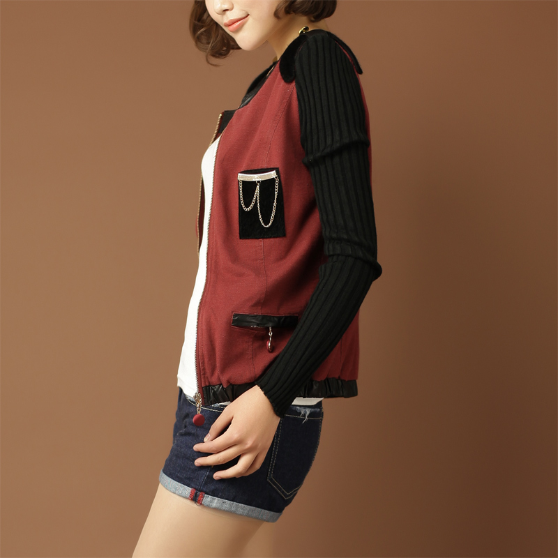 Bb2-3 spring 2013 women's o-neck PU hemming epaulette rib knit short jacket 8807 match