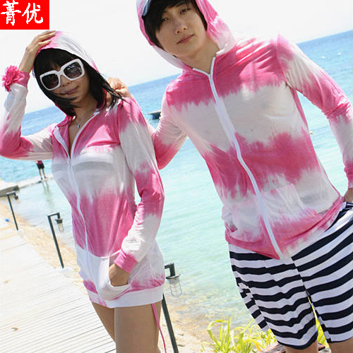 Beach clothes spring and summer male women's lovers sun protection clothing stripe sunscreen short jacket long-sleeve