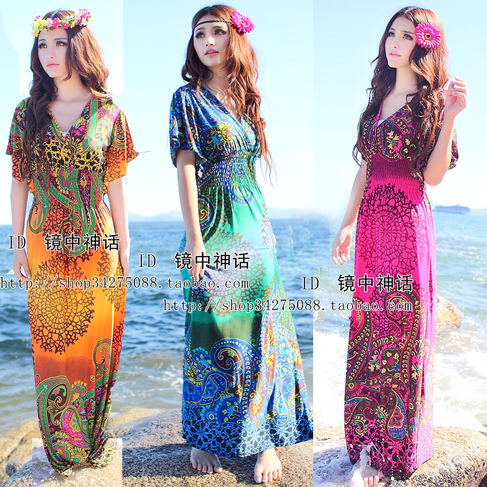 Beach dress bohemia one-piece dress plus size summer skirt V-neck short sleeve length skirt2013