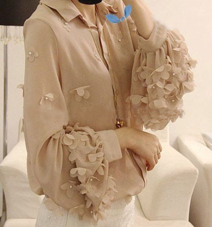 Beading flower chiffon long-sleeve shirt