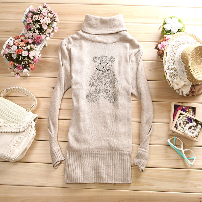 Bear rhinestones turtleneck medium-long slim hip sweater outerwear