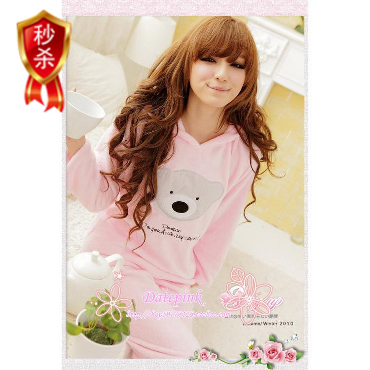 Bear thickening princess with a hood sleepwear female 100% cotton long-sleeve coral fleece set lounge