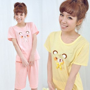 Bear women's cotton sleepwear female summer short-sleeve sleepwear lounge set pink