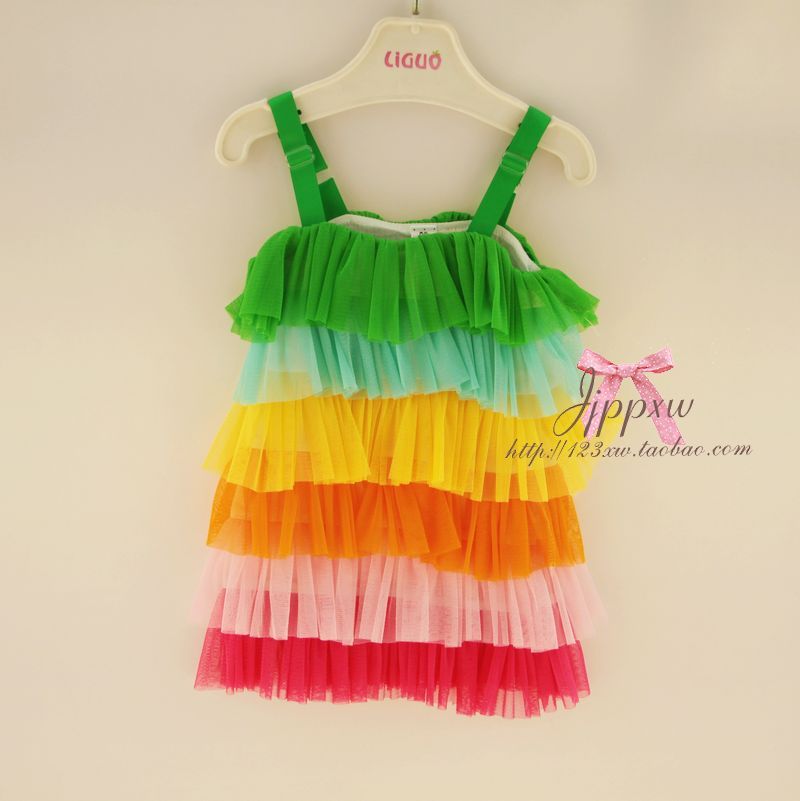 Beautiful 2012 clothing rainbow colored cascading yarn female child baby suspender skirt shirt