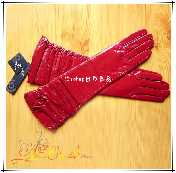 Beautiful fashion women's long design genuine leather suede gloves japanned leather shiny red pleated