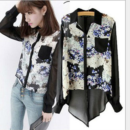 beauty!Retro FLORAL ASYMMETRIC CHIFFON SHIRT WF-3848