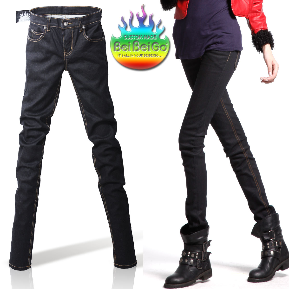 Beibeigo slim female non-mainstream women's tight pencil coating black jeans