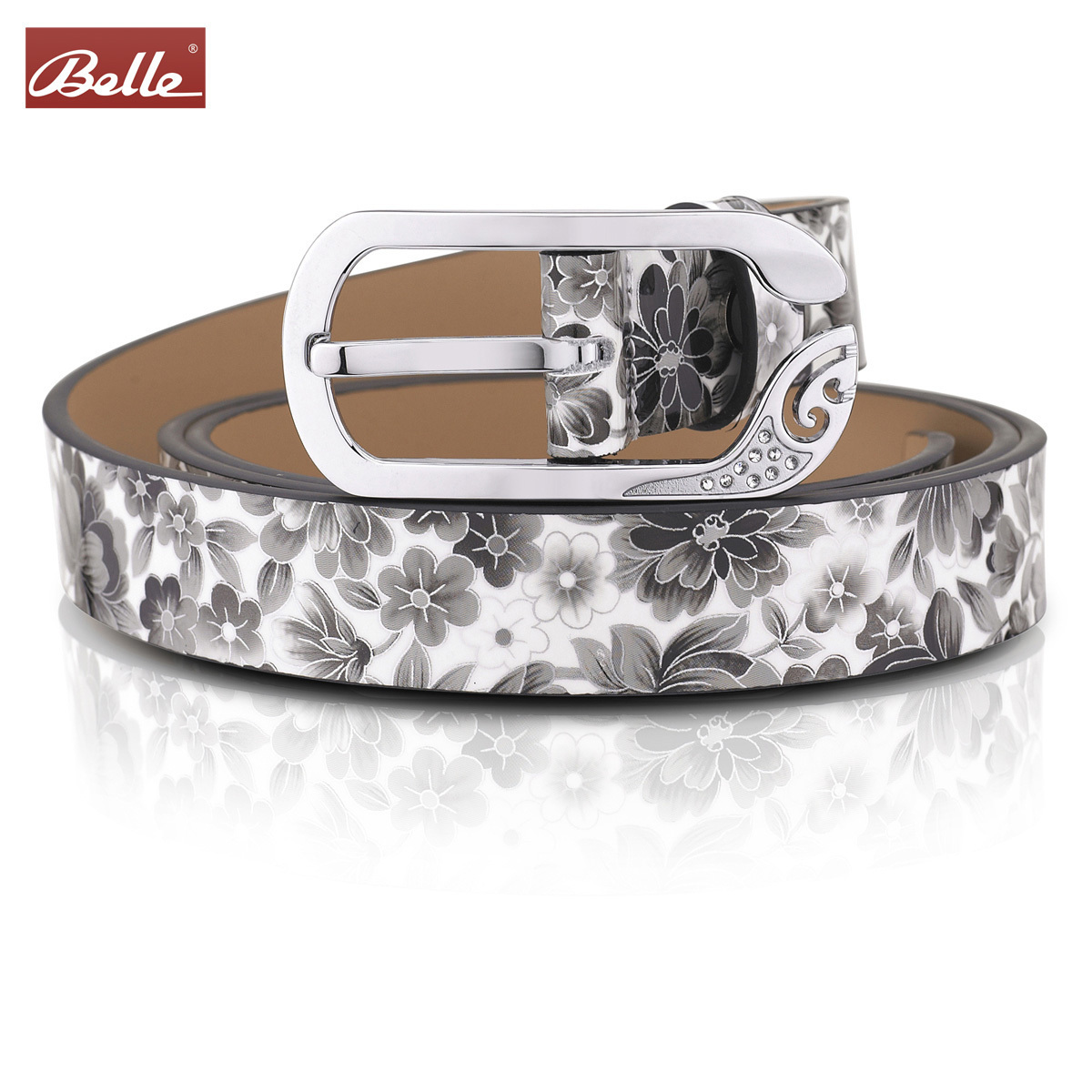 Belle women's strap black and white decorative pattern ladies cowhide genuine leather belt