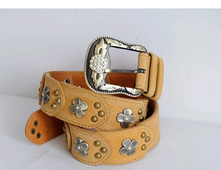 Belt female national trend genuine leather strap fashion all-match rhinestone diamond flower vintage pin buckle women's belt