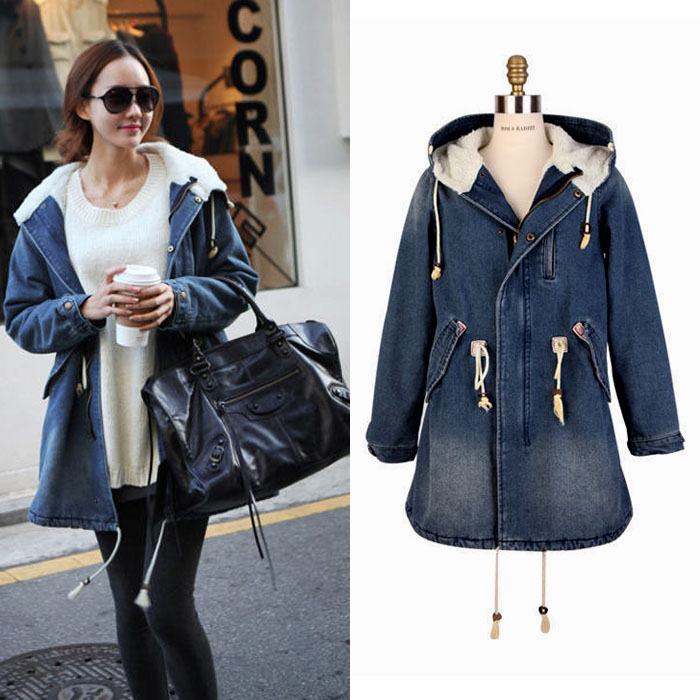 Berber fleece liner thickening denim coat drawstring frock outerwear thermal denim wadded jacket trench