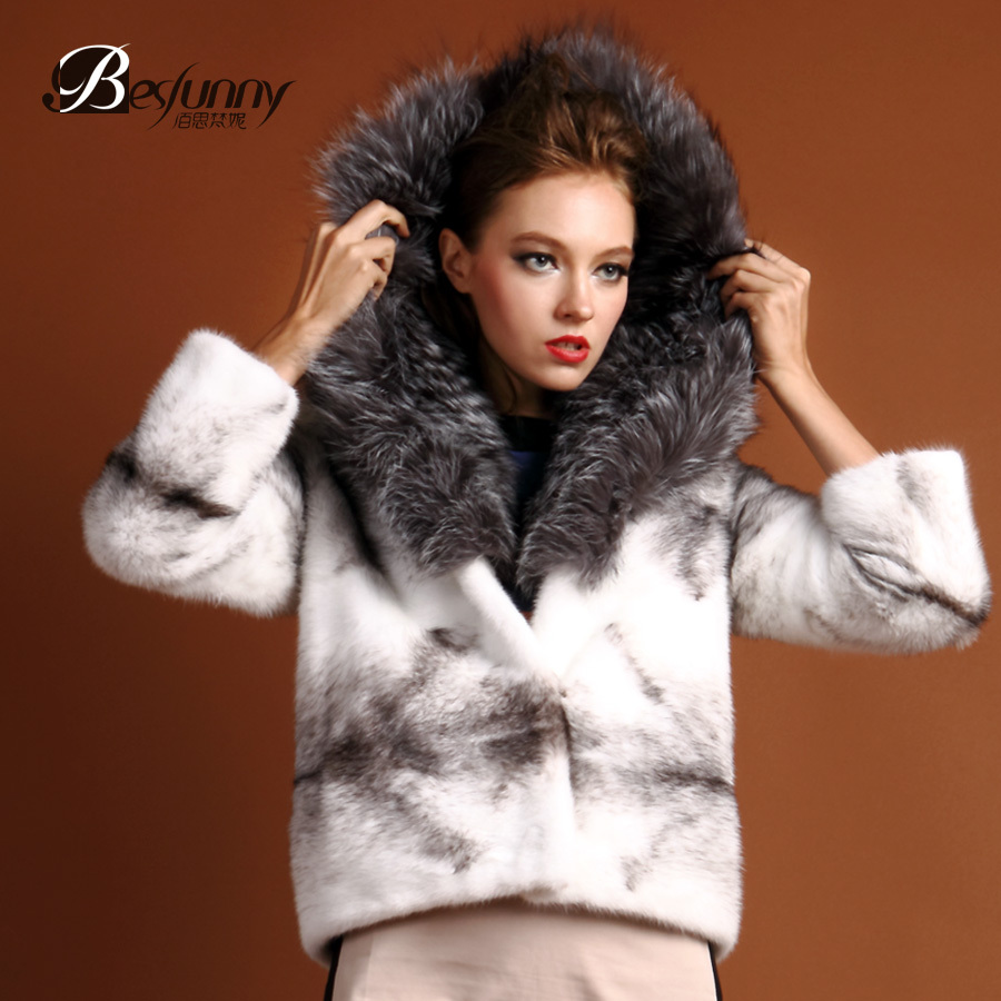 Besfunny 2013 silver fox fur with a hood top full leather mink overcoat fur female