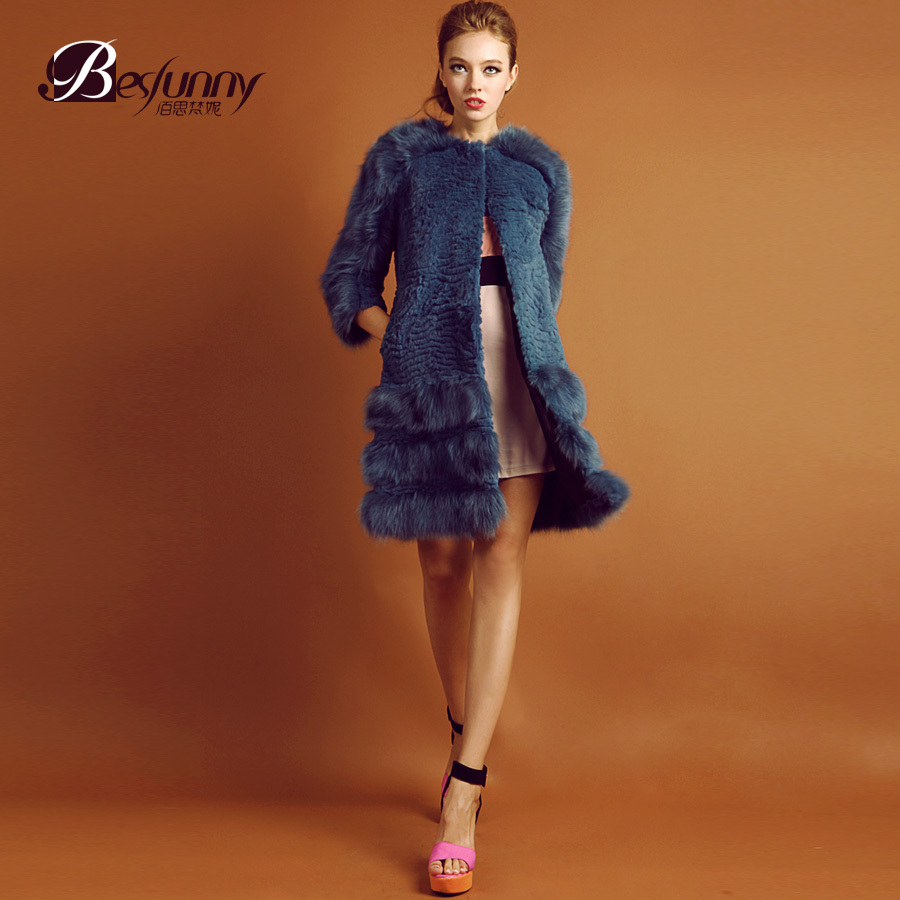 Besfunny2012 overcoat fashion rex rabbit hair full leather fur fox fur patchwork long design raglan sleeve