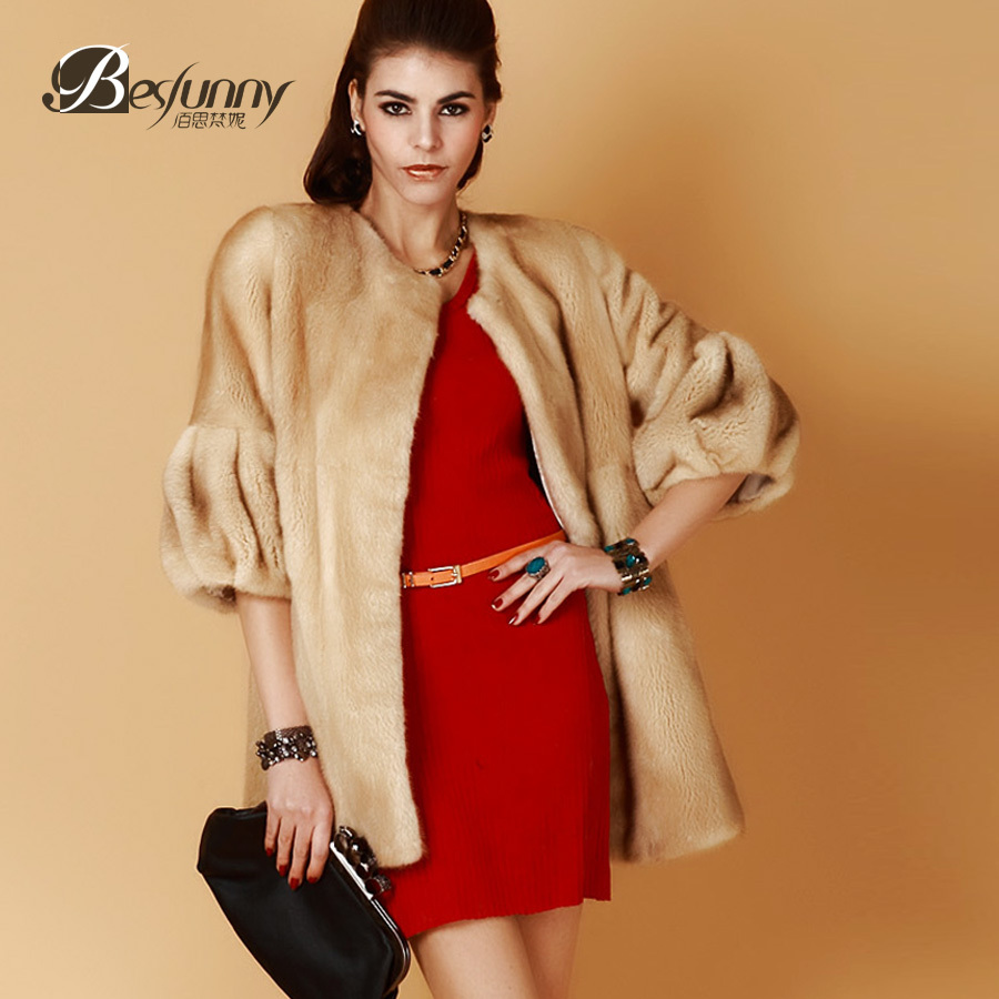 Besfunny2013 o-neck three quarter sleeve mink medium-long fur coat