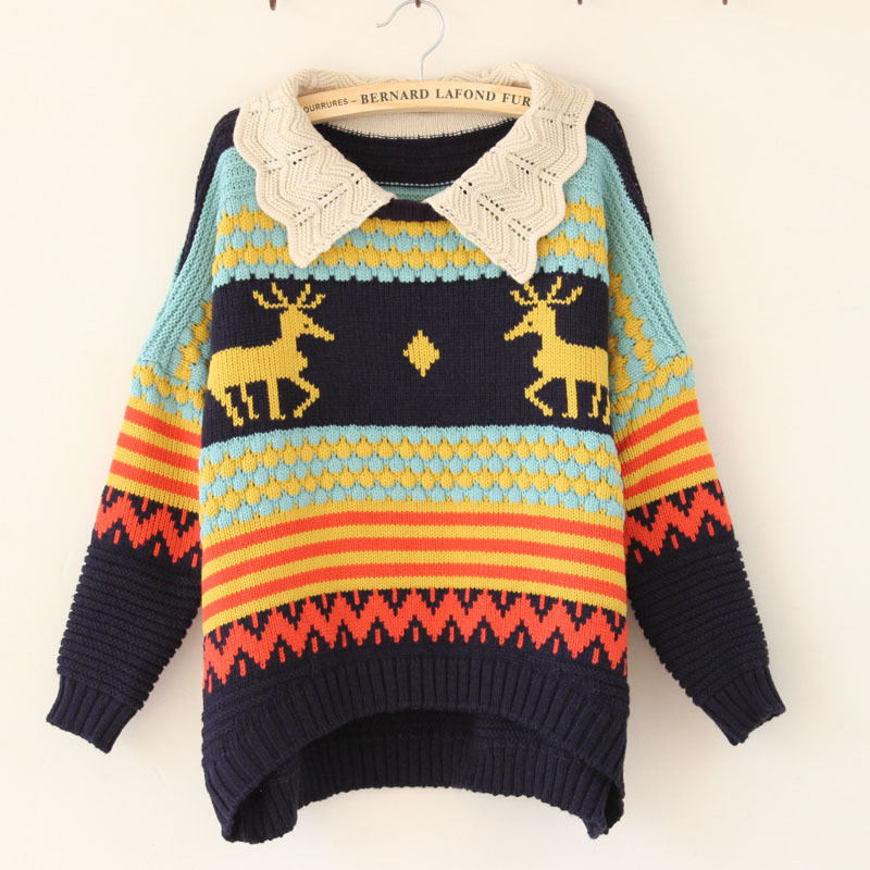 Beshion knitting woolen v- collar 2013  pullover  christmas women  geometry deer long knitted dresses DOLL sweater,free shipping