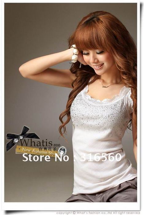 Best selling!!2012 ladies cotton T-shirt Fashion lace beaded Tank Tops clothes wear Free shipping 1pcs