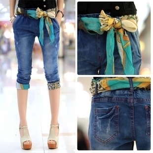 Best Selling,Fashion Female 2013 Summer Roll-up Hem Jeans Capris,with blue Present silk belt,Free Shipping