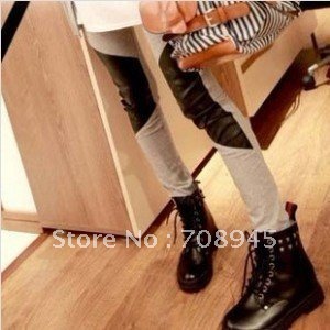 Best Selling!!Leather Cotton Women/Lady Patchwork Leggings Pants Free Shipping 1Piece