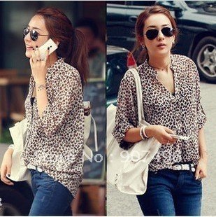 Best Selling!leopard print V Neck turn-up cuff thin long sleeve shirt/blouses+free shipping Retail&Wholesale