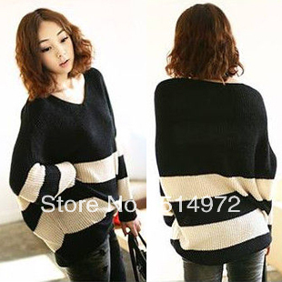 Best selling!!New medium-long striped women knitted loose v-neck ladies sweater batwing sleeve female cloth free shipping