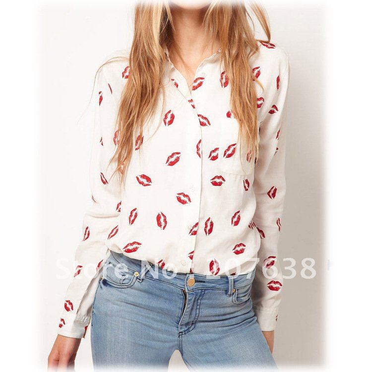 Best Selling!!new the lip print shirt Women's long-sleeved shirt+ free shipping