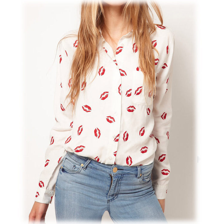 Best Selling!!New Women lip printing shirt Women's long-sleeved blouse+ free shipping