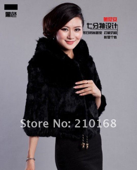 Best-selling Vogue High Quality Korean Rabbit Hair Hooded Fur Coat Black   free shipping HN12090551-4