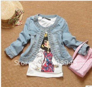 Best Selling!!Women Jeans Jacket Long sleeve Casual with beading style Blue color  1 Piece