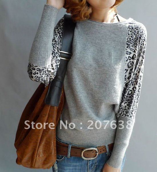 Best Selling!!women's long bat-wing leopard print cotton knitting sweater pullover women+ free shipping