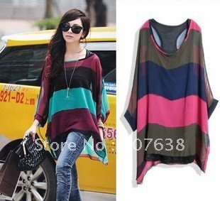 Best Selling!!Women's Long Loose Batwing Sleeve Shirt Stripe chiffon Blouses 2pcs/set +free shipping