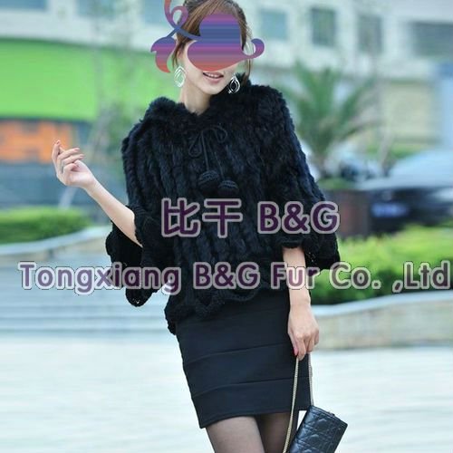 BG093 2012 New Style 2 Colors Genuine Rabbit Fur Knitted Poncho With Hood Winter Women's Cute Hoody OEM Wholesale/Free shipping