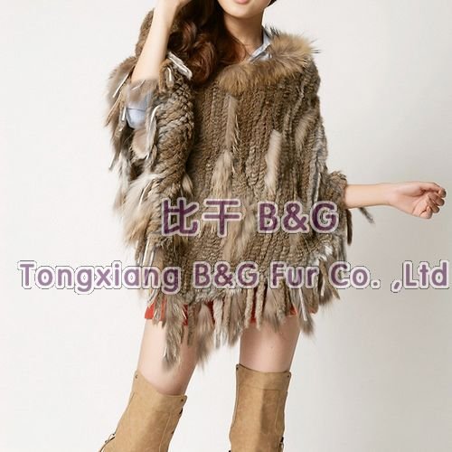 BG10510 2012 New Design Genuine Rabbit Fur Knitted Poncho With Tassels 4 Colors Winter Women's Popular Hoody OEM Wholesale