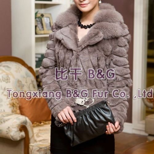 BG11645 2 Colors Genuine Fashion Rabbit Fur Jacket with Fox Fur Collar Winter Women's Popular Jackets M,L,XL OEM Wholesale