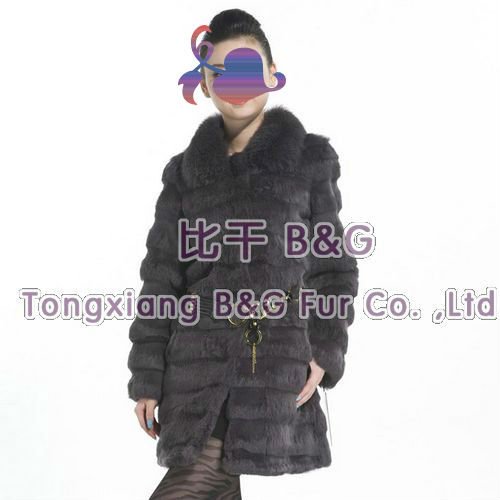 BG11807 New Style Genuine Sheared Rabbit Fur Coat Women With Fox Collar Winter Fashion Garment M,L,XL,XXL,XXXL OEM Wholesale