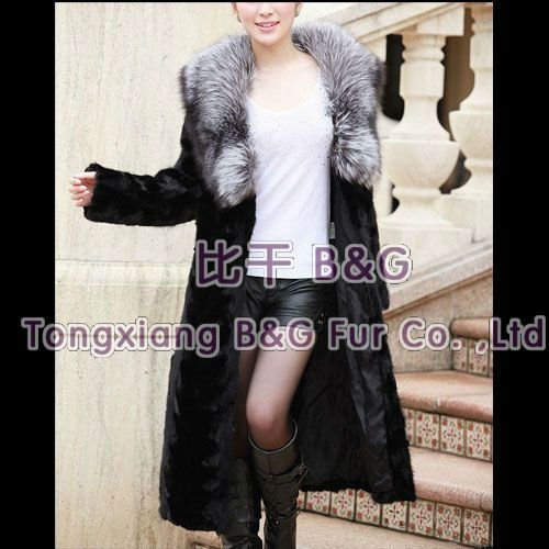 BG11905 Genuine Mink Fur Woman Long Clothes with Silver Fox Collar Winter Ladies Elegant Coat OEM Wholesale Retail