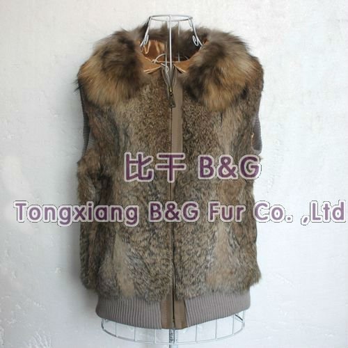 BG1702-2 2012 Brown Genuine Rabbit Fur Waistcoat with Raccoon Dog Fur Collar Winter Women's Casual Vest OEM Wholesale/Retail